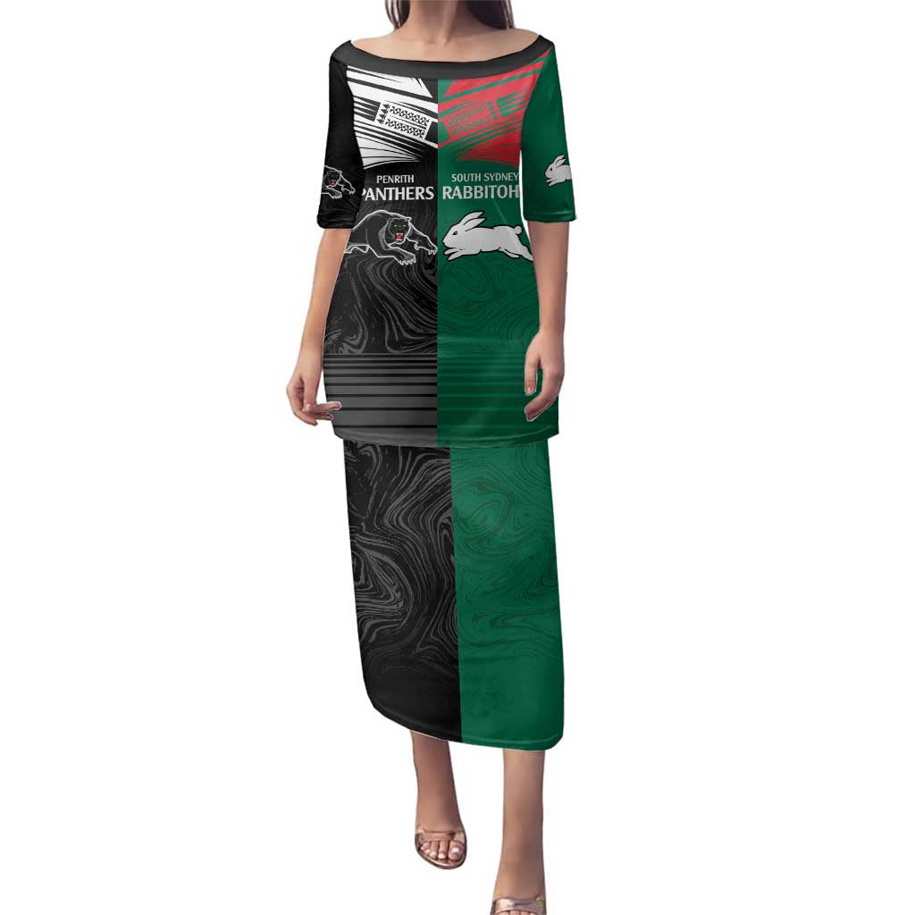 Custom Rabbitohs-Panthers Family Matching Puletasi and Hawaiian Shirt NRL Tribal Half Style