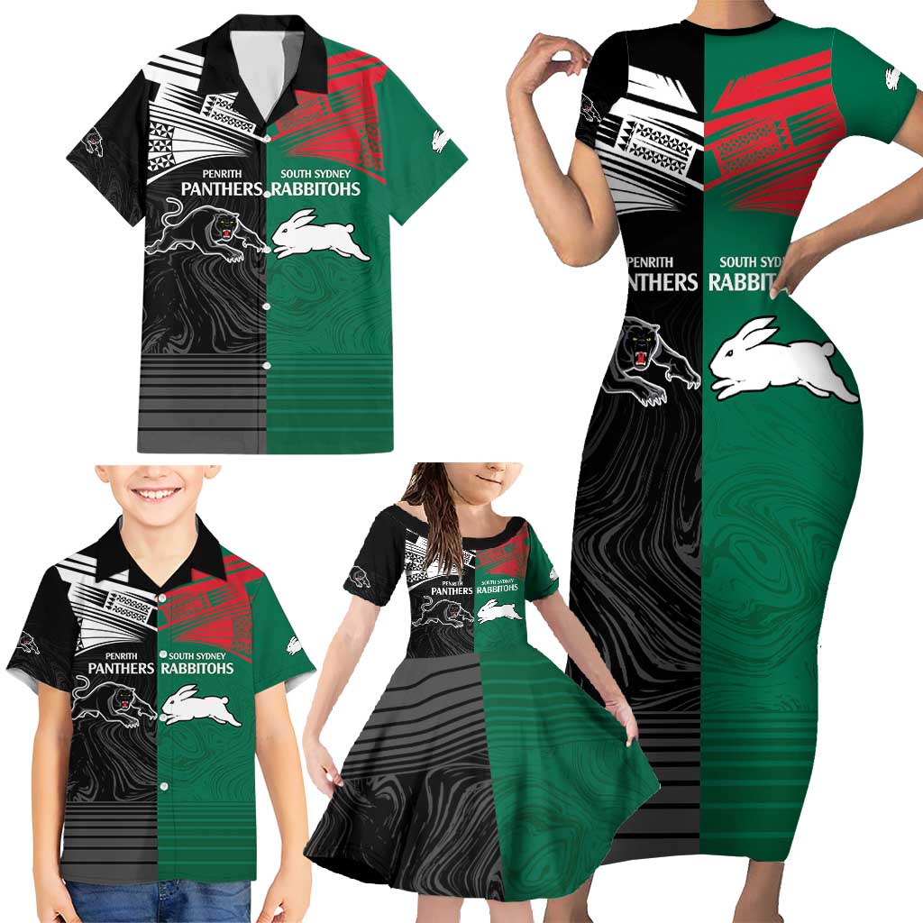 Custom Rabbitohs-Panthers Family Matching Short Sleeve Bodycon Dress and Hawaiian Shirt NRL Tribal Half Style