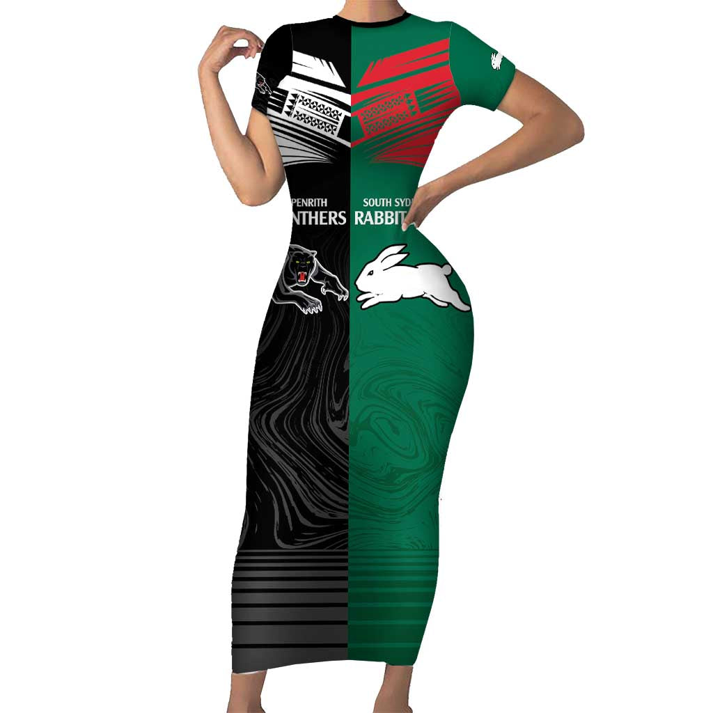 Custom Rabbitohs-Panthers Family Matching Short Sleeve Bodycon Dress and Hawaiian Shirt NRL Tribal Half Style