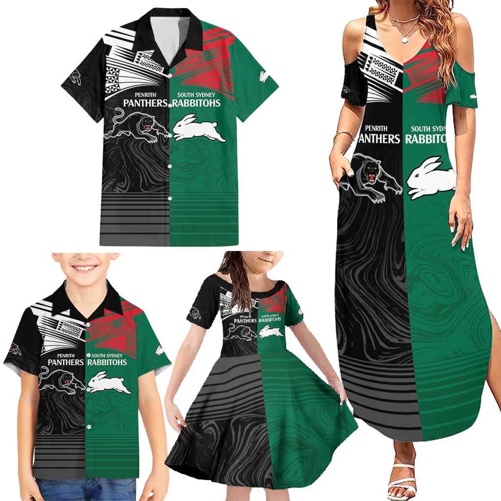 Custom Rabbitohs-Panthers Family Matching Summer Maxi Dress and Hawaiian Shirt NRL Tribal Half Style