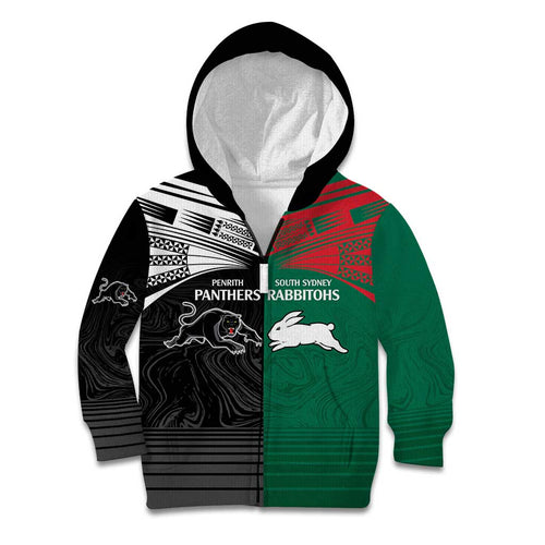 Custom Rabbitohs-Panthers Kid Hoodie NRL Tribal Half Style