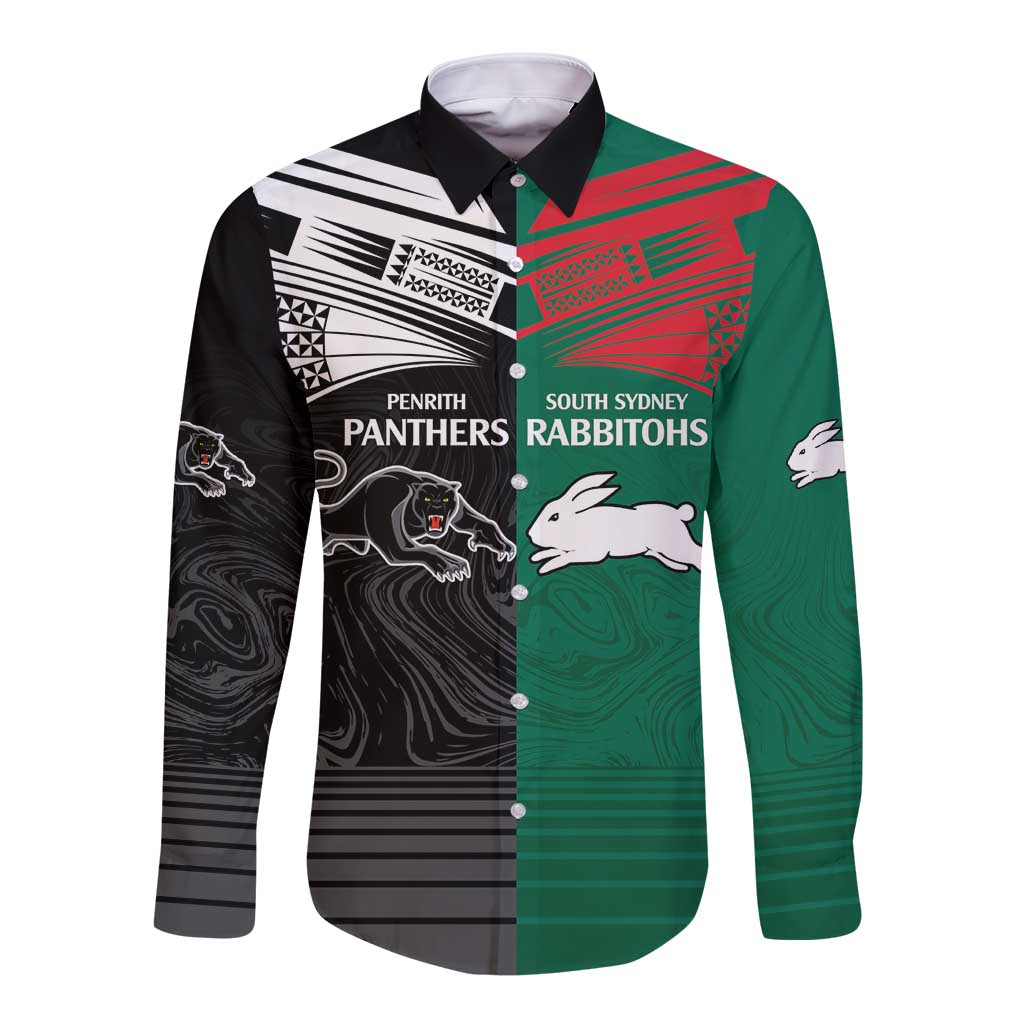 Custom Rabbitohs-Panthers Long Sleeve Button Shirt NRL Tribal Half Style