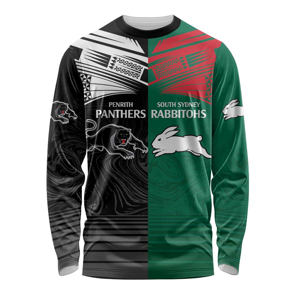 Custom Rabbitohs-Panthers Long Sleeve Shirt NRL Tribal Half Style