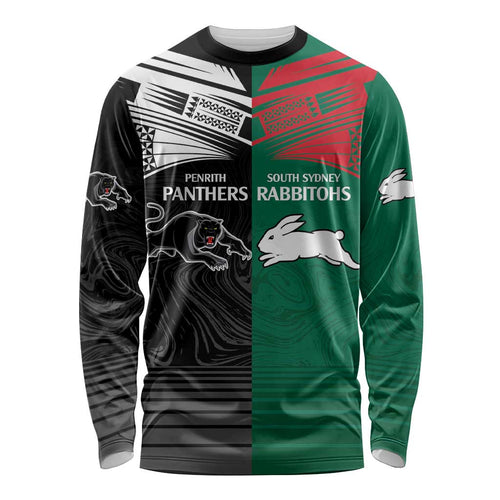 Custom Rabbitohs-Panthers Long Sleeve Shirt NRL Tribal Half Style
