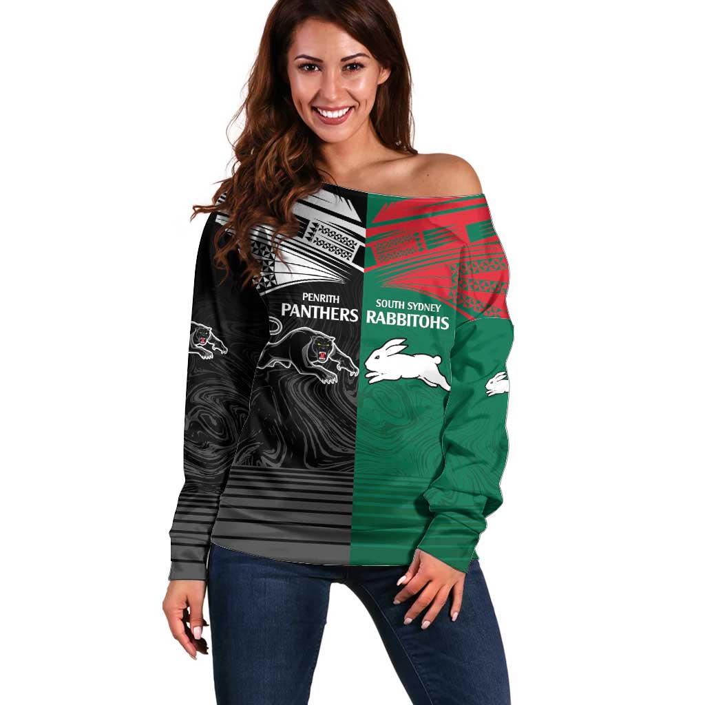 Custom Rabbitohs-Panthers Off Shoulder Sweater NRL Tribal Half Style