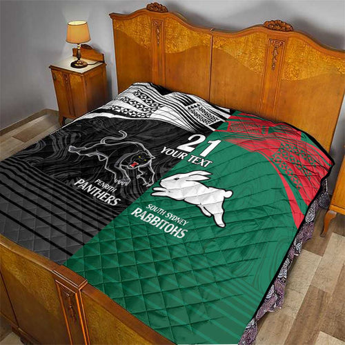 Custom Rabbitohs-Panthers Quilt NRL Tribal Half Style