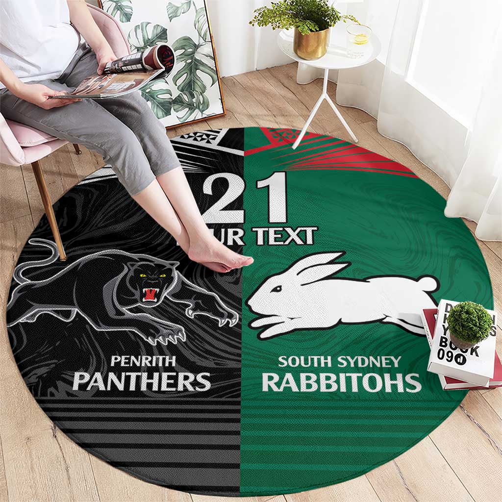 Custom Rabbitohs-Panthers Round Carpet NRL Tribal Half Style