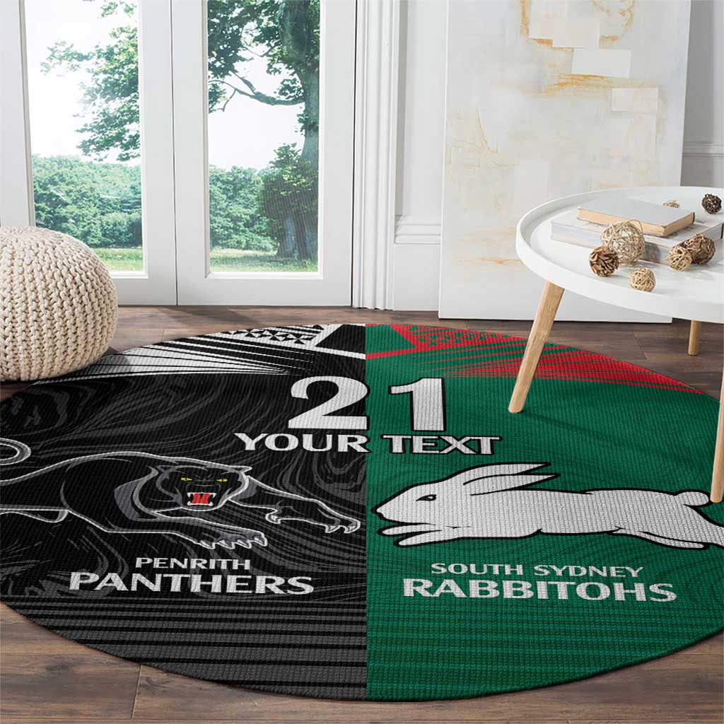 Custom Rabbitohs-Panthers Round Carpet NRL Tribal Half Style