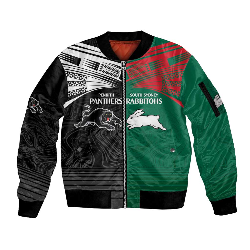 Custom Rabbitohs-Panthers Sleeve Zip Bomber Jacket NRL Tribal Half Style