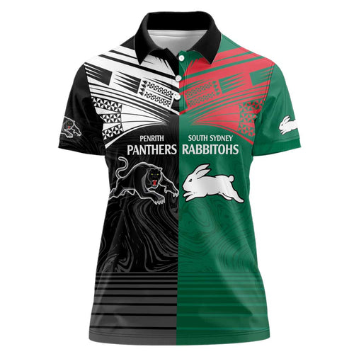 Custom Rabbitohs-Panthers Women Polo Shirt NRL Tribal Half Style