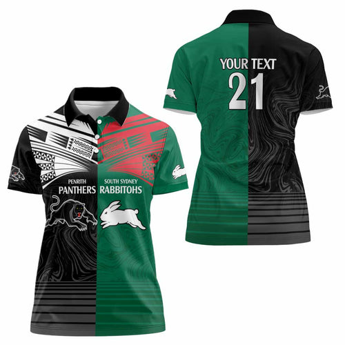Custom Rabbitohs-Panthers Women Polo Shirt NRL Tribal Half Style