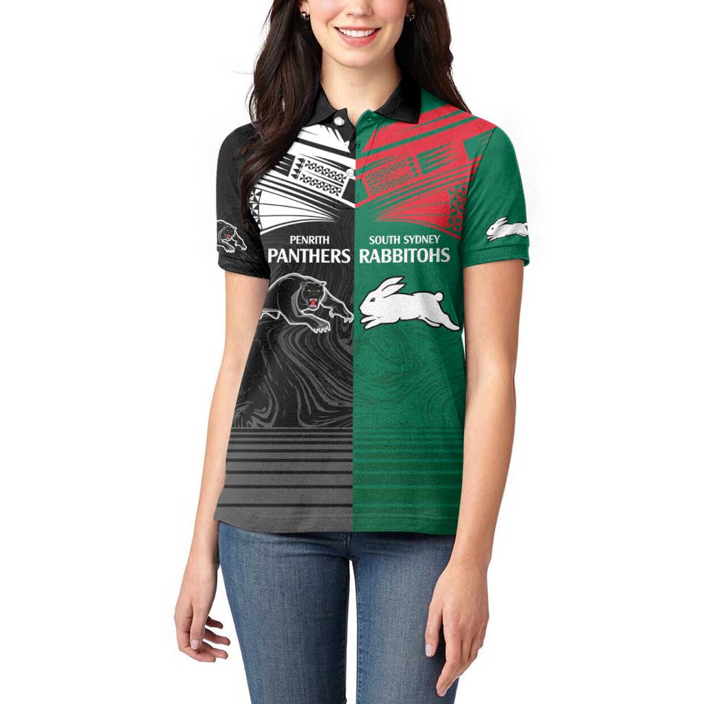 Custom Rabbitohs-Panthers Women Polo Shirt NRL Tribal Half Style