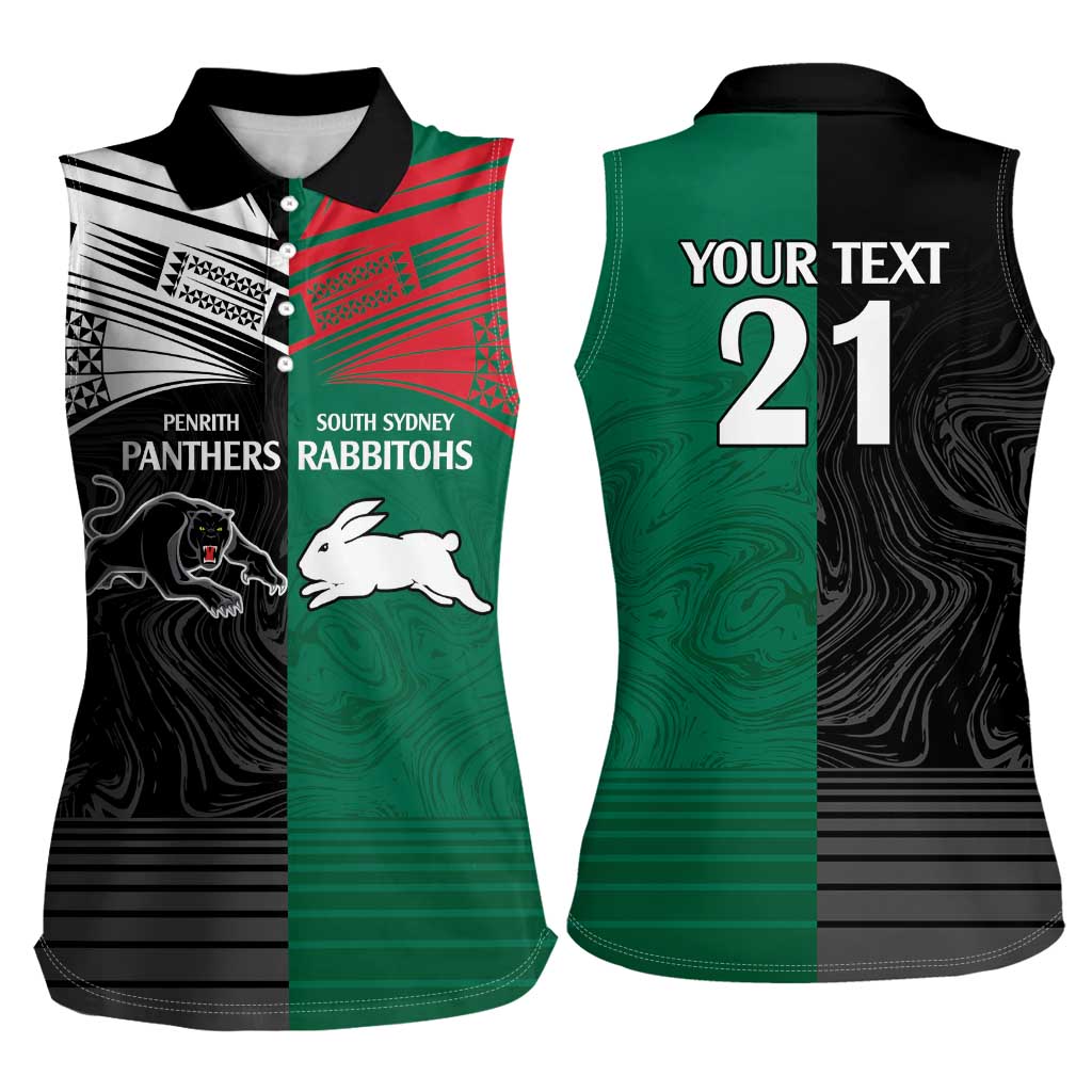 Custom Rabbitohs-Panthers Women Sleeveless Polo Shirt NRL Tribal Half Style