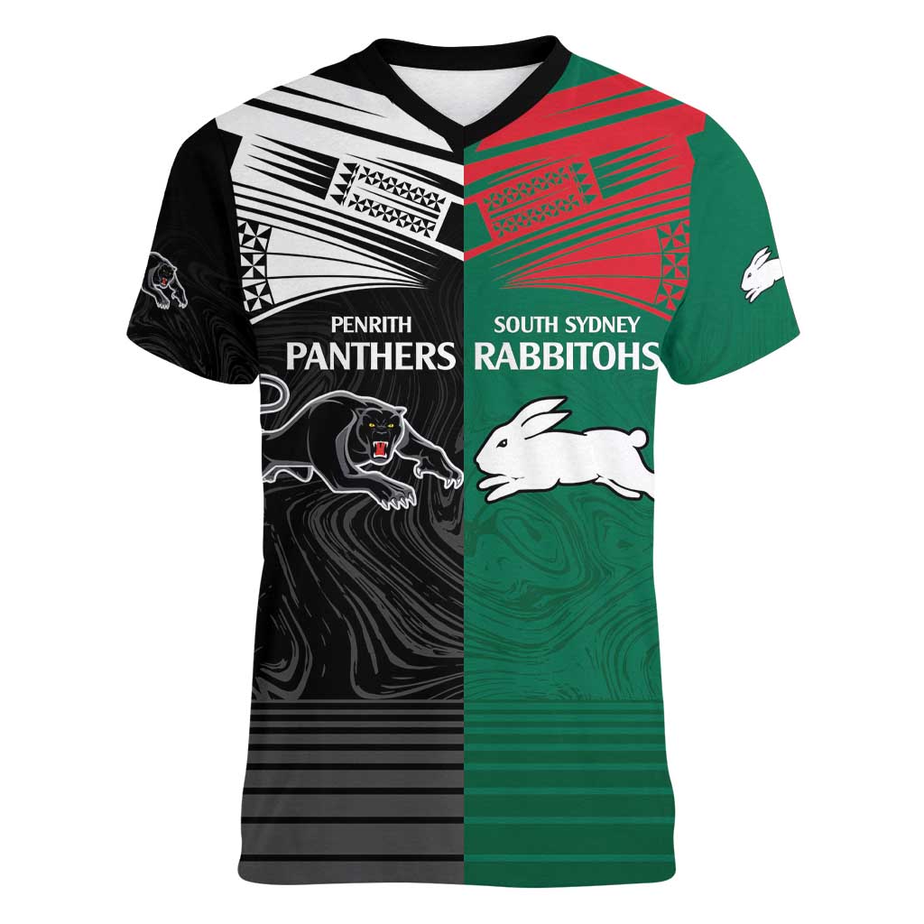 Custom Rabbitohs-Panthers Women V-Neck T-Shirt NRL Tribal Half Style