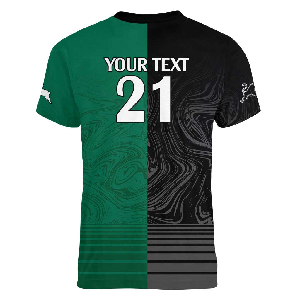 Custom Rabbitohs-Panthers Women V-Neck T-Shirt NRL Tribal Half Style