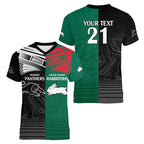 Custom Rabbitohs-Panthers Women V-Neck T-Shirt NRL Tribal Half Style