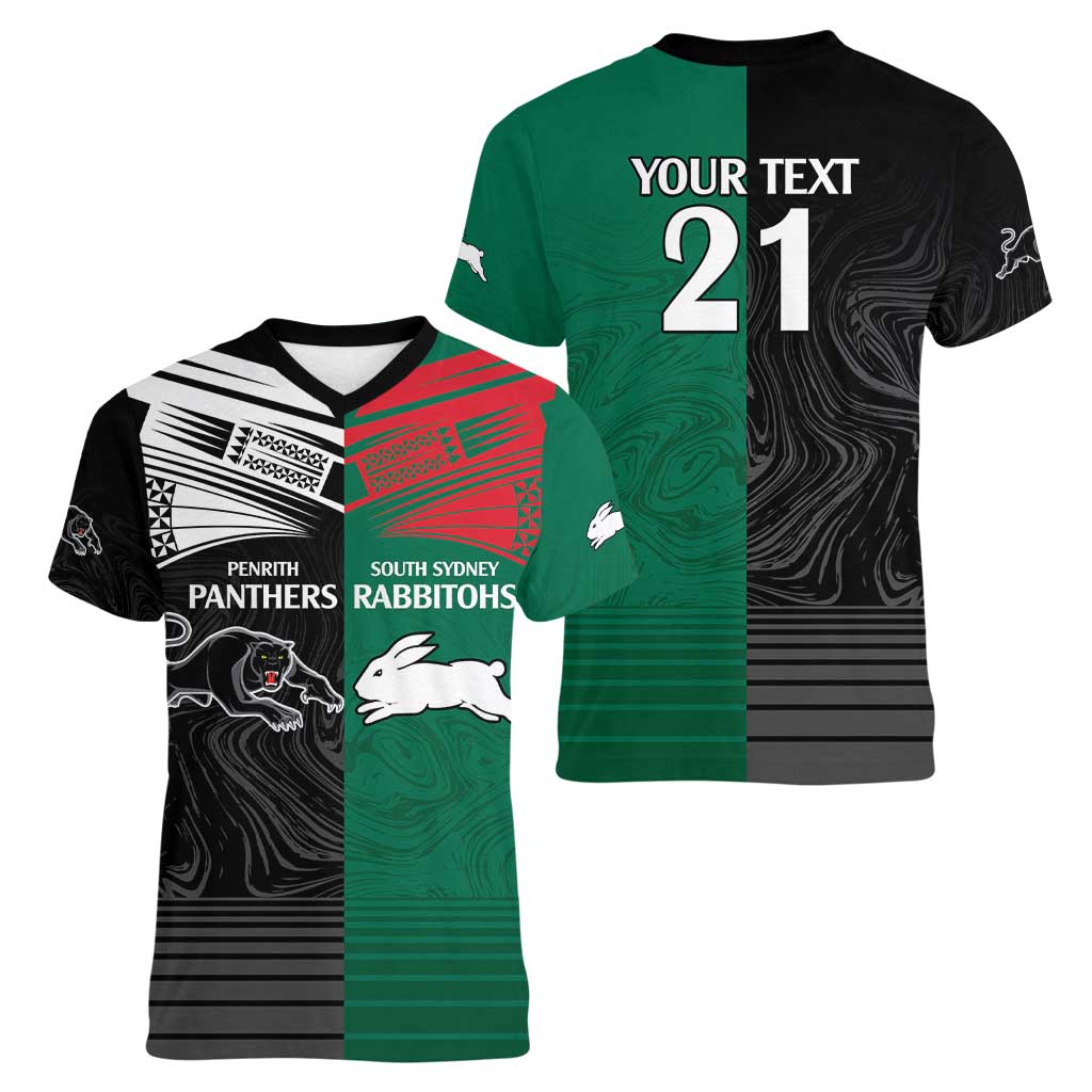 Custom Rabbitohs-Panthers Women V-Neck T-Shirt NRL Tribal Half Style