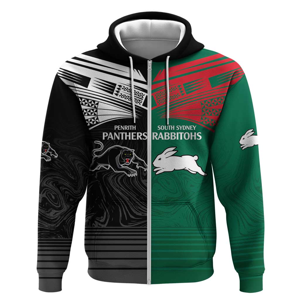 Custom Rabbitohs-Panthers Zip Hoodie NRL Tribal Half Style