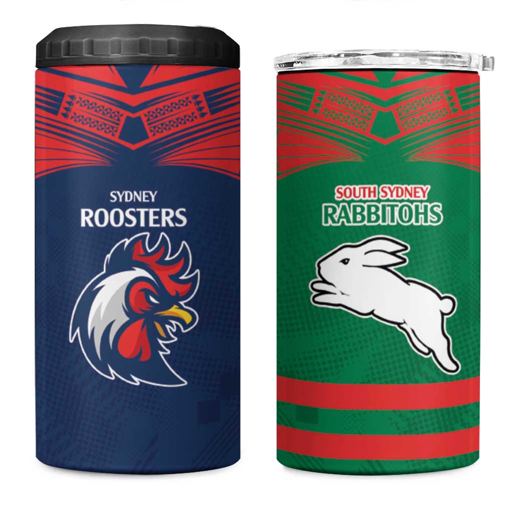 Custom Roosters-Rabbitohs 4 in 1 Can Cooler Tumbler NRL Tribal Half Style