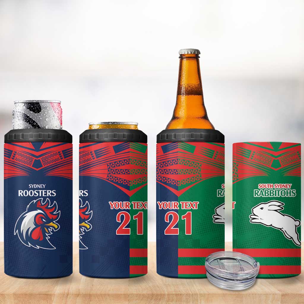 Custom Roosters-Rabbitohs 4 in 1 Can Cooler Tumbler NRL Tribal Half Style
