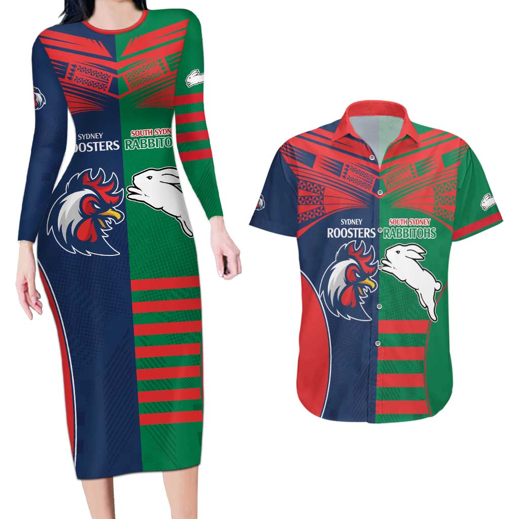 Custom Roosters-Rabbitohs Couples Matching Long Sleeve Bodycon Dress and Hawaiian Shirt NRL Tribal Half Style