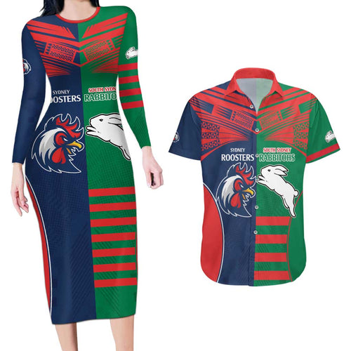 Custom Roosters-Rabbitohs Couples Matching Long Sleeve Bodycon Dress and Hawaiian Shirt NRL Tribal Half Style