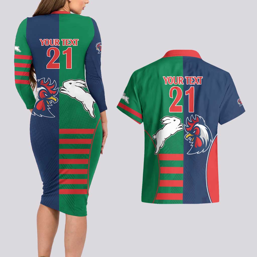 Custom Roosters-Rabbitohs Couples Matching Long Sleeve Bodycon Dress and Hawaiian Shirt NRL Tribal Half Style