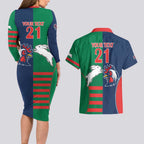 Custom Roosters-Rabbitohs Couples Matching Long Sleeve Bodycon Dress and Hawaiian Shirt NRL Tribal Half Style