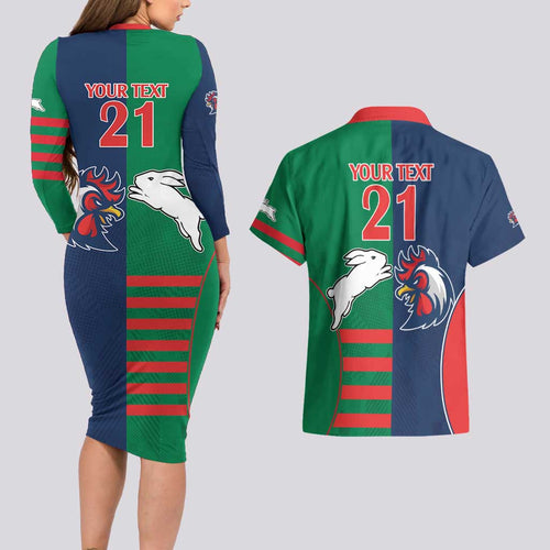 Custom Roosters-Rabbitohs Couples Matching Long Sleeve Bodycon Dress and Hawaiian Shirt NRL Tribal Half Style