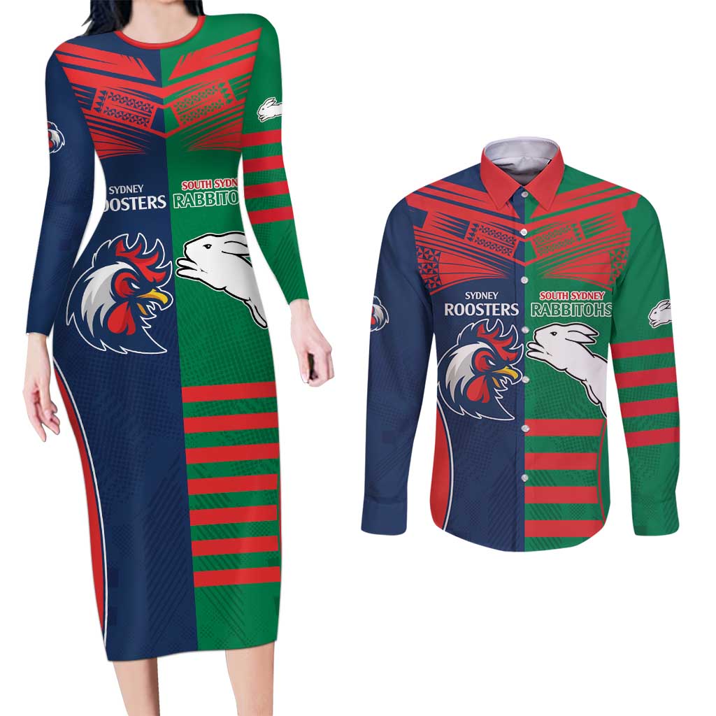 Custom Roosters-Rabbitohs Couples Matching Long Sleeve Bodycon Dress and Long Sleeve Button Shirt NRL Tribal Half Style