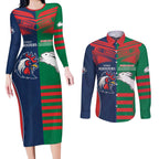 Custom Roosters-Rabbitohs Couples Matching Long Sleeve Bodycon Dress and Long Sleeve Button Shirt NRL Tribal Half Style