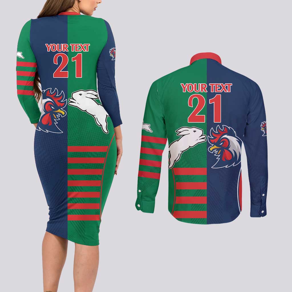 Custom Roosters-Rabbitohs Couples Matching Long Sleeve Bodycon Dress and Long Sleeve Button Shirt NRL Tribal Half Style
