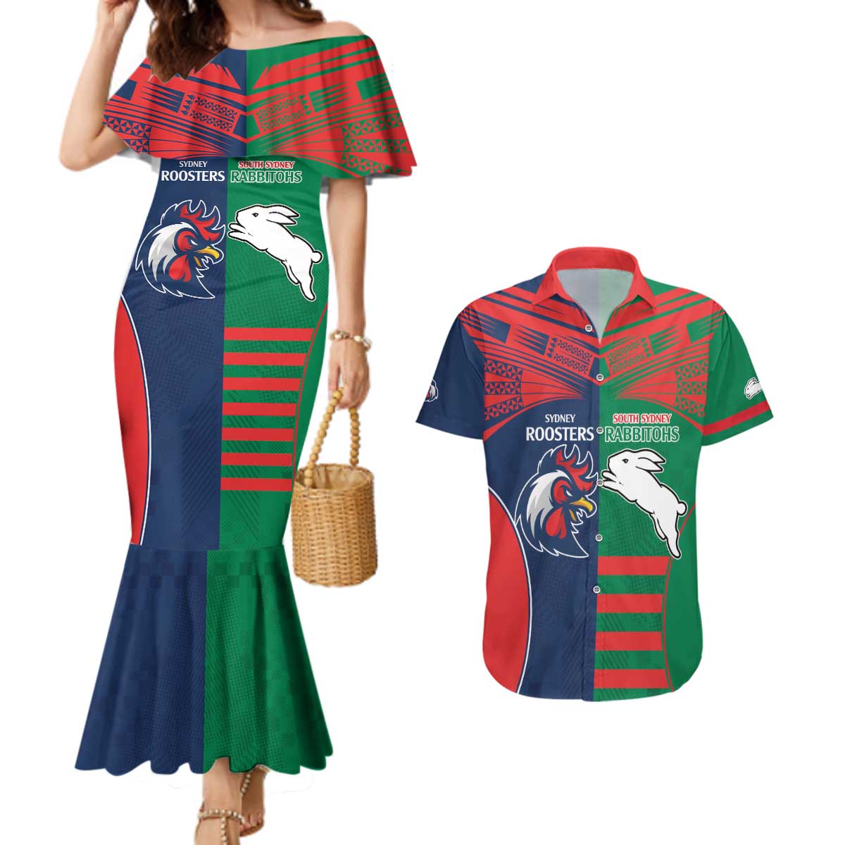Custom Roosters-Rabbitohs Couples Matching Mermaid Dress and Hawaiian Shirt NRL Tribal Half Style