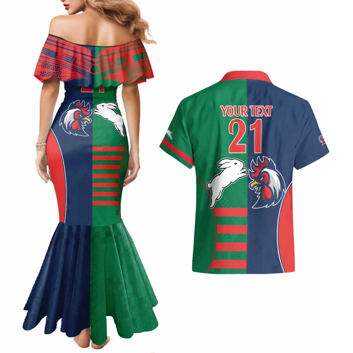 Custom Roosters-Rabbitohs Couples Matching Mermaid Dress and Hawaiian Shirt NRL Tribal Half Style