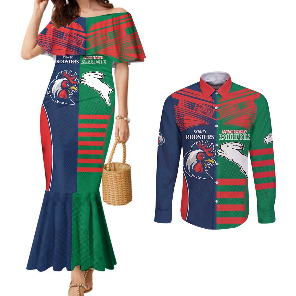 Custom Roosters-Rabbitohs Couples Matching Mermaid Dress and Long Sleeve Button Shirt NRL Tribal Half Style