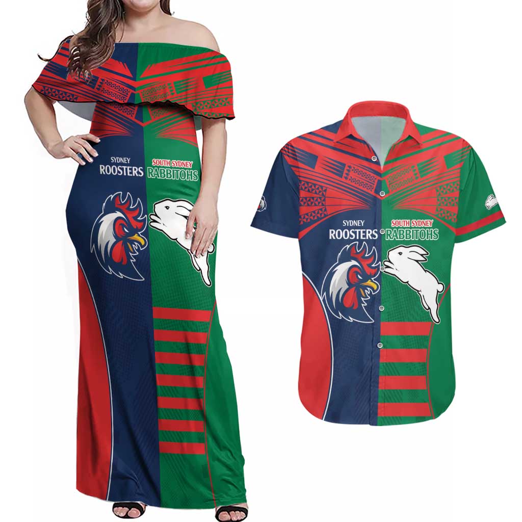 Custom Roosters-Rabbitohs Couples Matching Off Shoulder Maxi Dress and Hawaiian Shirt NRL Tribal Half Style