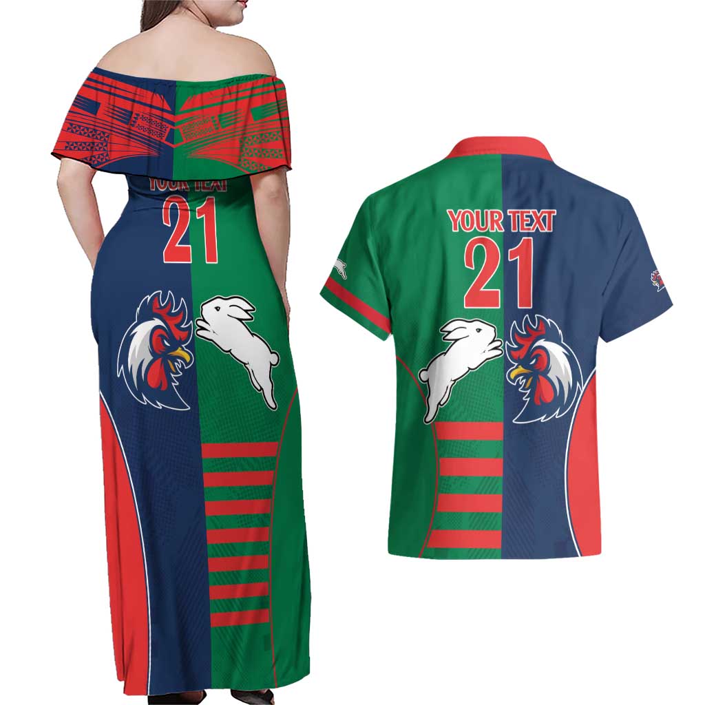 Custom Roosters-Rabbitohs Couples Matching Off Shoulder Maxi Dress and Hawaiian Shirt NRL Tribal Half Style