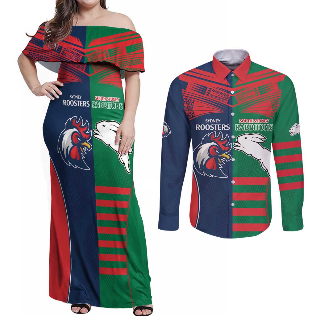 Custom Roosters-Rabbitohs Couples Matching Off Shoulder Maxi Dress and Long Sleeve Button Shirt NRL Tribal Half Style