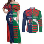 Custom Roosters-Rabbitohs Couples Matching Off Shoulder Maxi Dress and Long Sleeve Button Shirt NRL Tribal Half Style