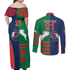 Custom Roosters-Rabbitohs Couples Matching Off Shoulder Maxi Dress and Long Sleeve Button Shirt NRL Tribal Half Style