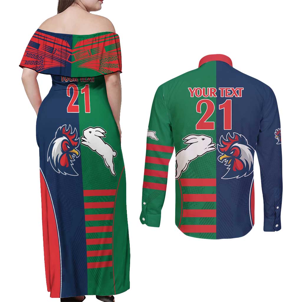 Custom Roosters-Rabbitohs Couples Matching Off Shoulder Maxi Dress and Long Sleeve Button Shirt NRL Tribal Half Style
