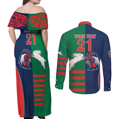 Custom Roosters-Rabbitohs Couples Matching Off Shoulder Maxi Dress and Long Sleeve Button Shirt NRL Tribal Half Style