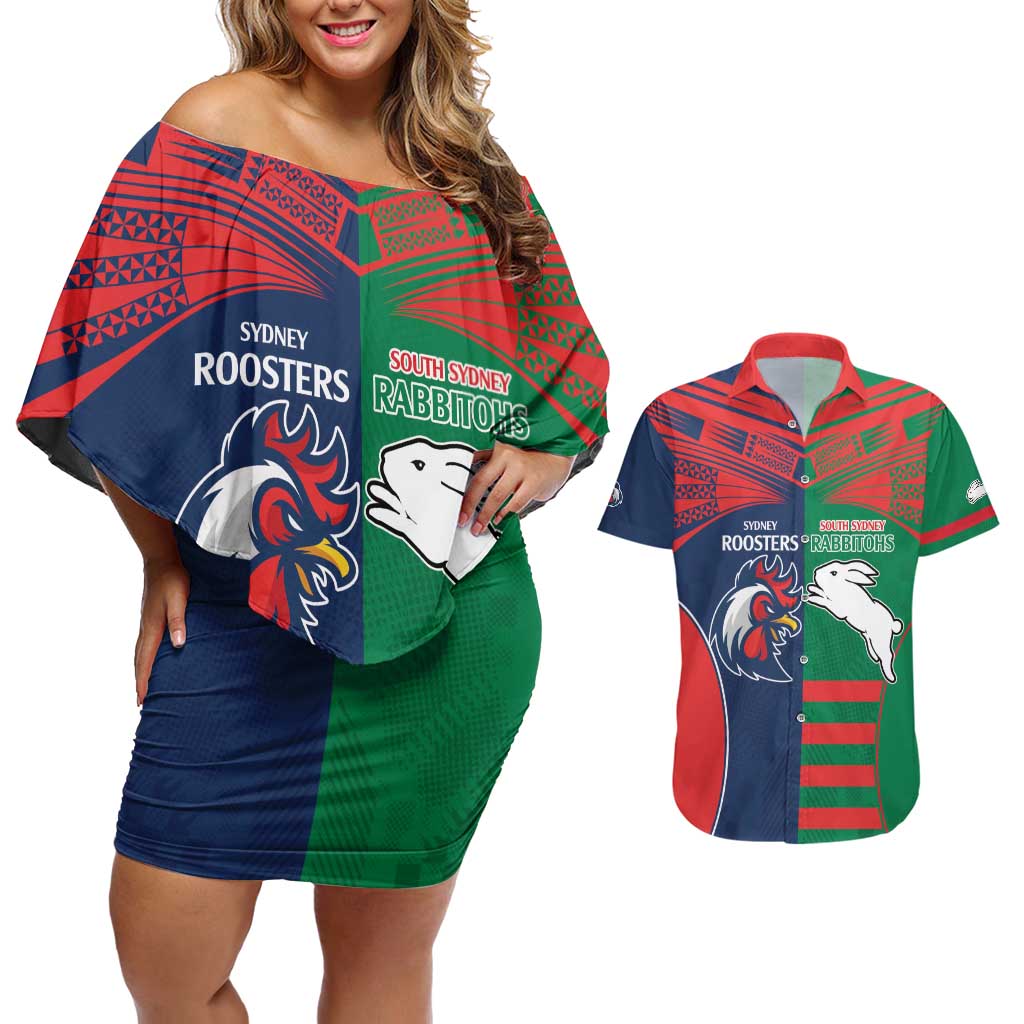Custom Roosters-Rabbitohs Couples Matching Off Shoulder Short Dress and Hawaiian Shirt NRL Tribal Half Style