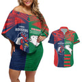 Custom Roosters-Rabbitohs Couples Matching Off Shoulder Short Dress and Hawaiian Shirt NRL Tribal Half Style