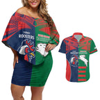 Custom Roosters-Rabbitohs Couples Matching Off Shoulder Short Dress and Hawaiian Shirt NRL Tribal Half Style