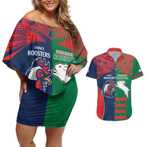 Custom Roosters-Rabbitohs Couples Matching Off Shoulder Short Dress and Hawaiian Shirt NRL Tribal Half Style