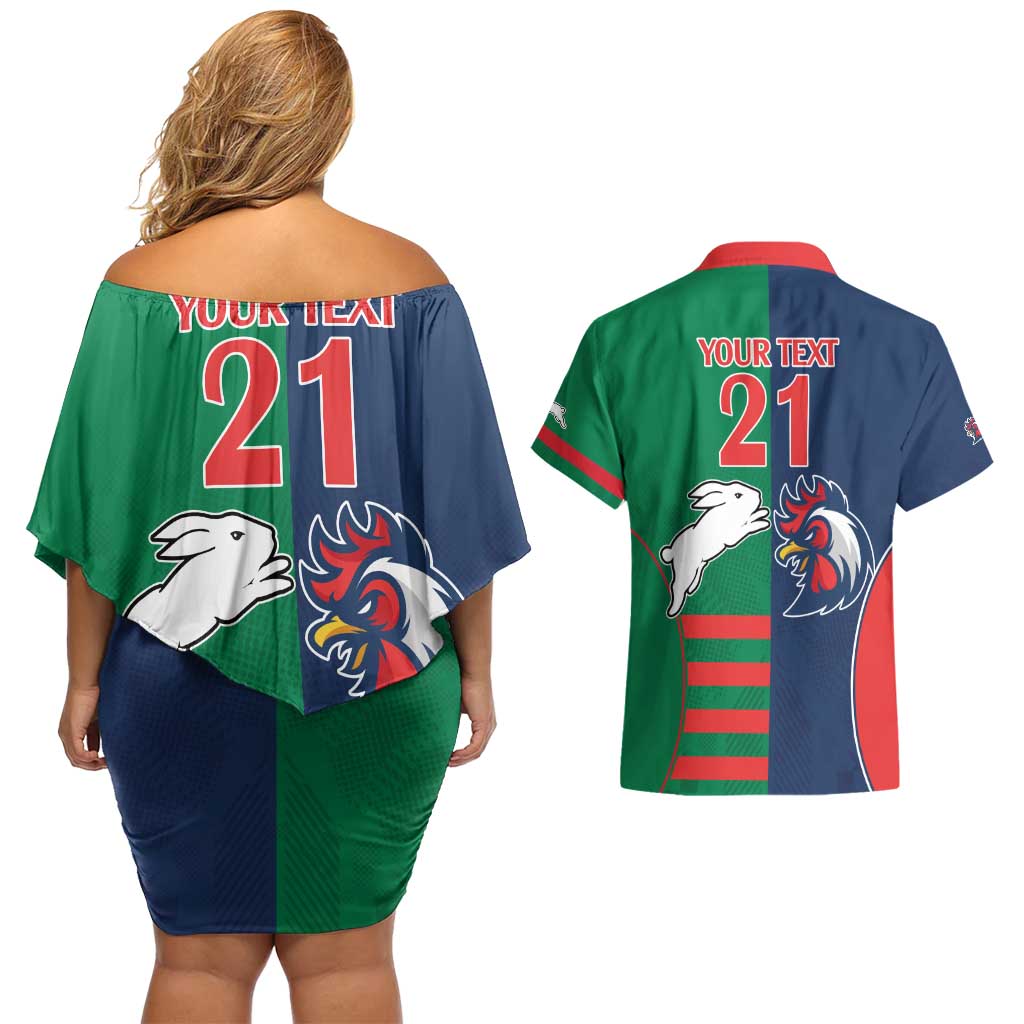 Custom Roosters-Rabbitohs Couples Matching Off Shoulder Short Dress and Hawaiian Shirt NRL Tribal Half Style