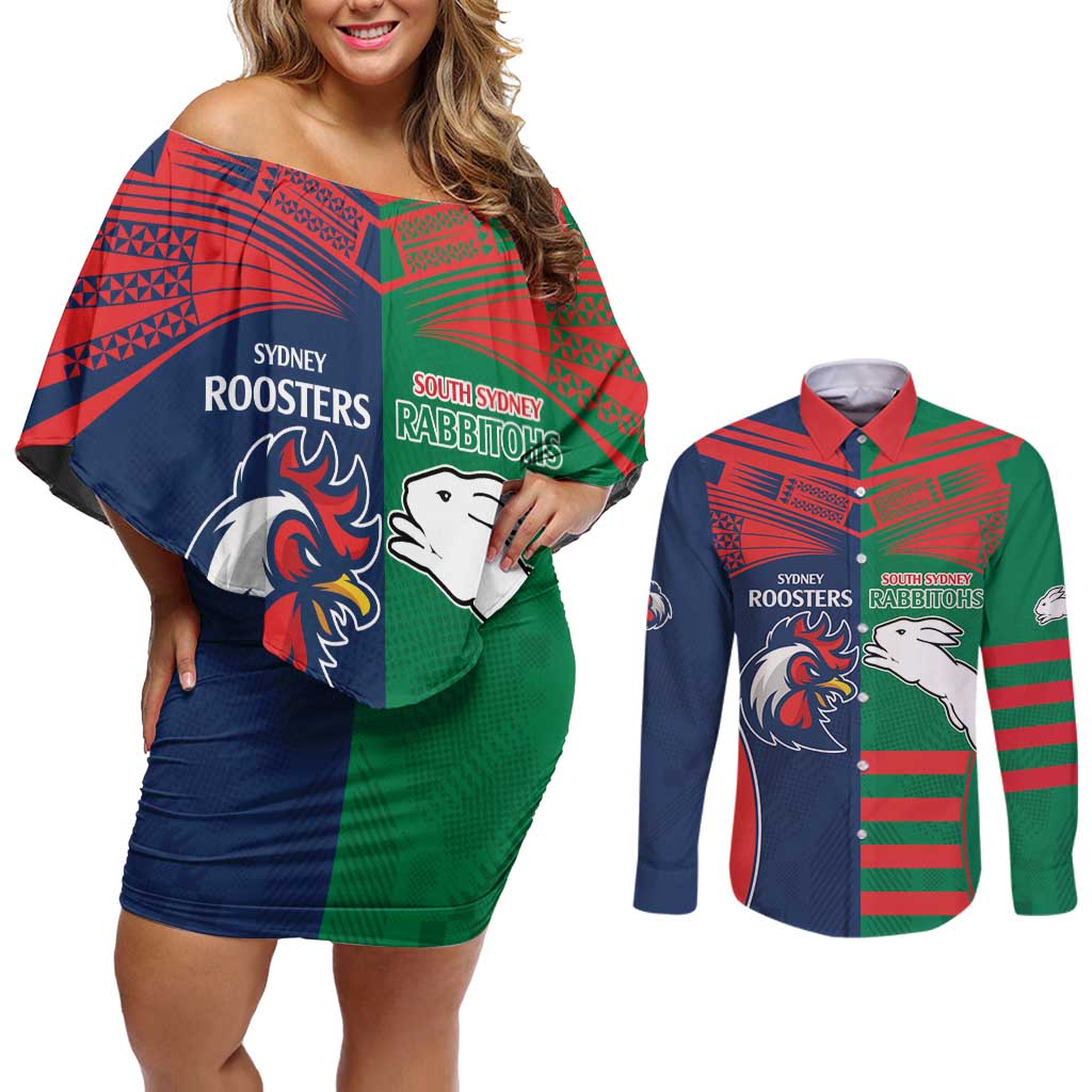 Custom Roosters-Rabbitohs Couples Matching Off Shoulder Short Dress and Long Sleeve Button Shirt NRL Tribal Half Style