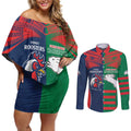 Custom Roosters-Rabbitohs Couples Matching Off Shoulder Short Dress and Long Sleeve Button Shirt NRL Tribal Half Style