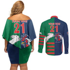 Custom Roosters-Rabbitohs Couples Matching Off Shoulder Short Dress and Long Sleeve Button Shirt NRL Tribal Half Style